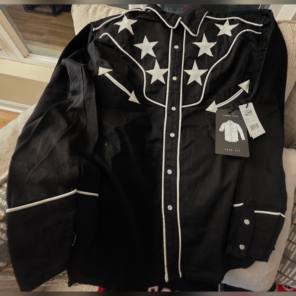Brand New Size Small Copper Rivet Black Shirt with White Star Details